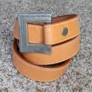 Robin Kahn VTG Geometric Silver Buckle Cognac Leather Belt size 28